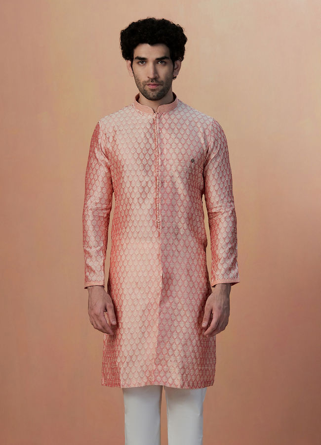 alt message - Manyavar Men Pink Self Design Kurta Pajama image number 1